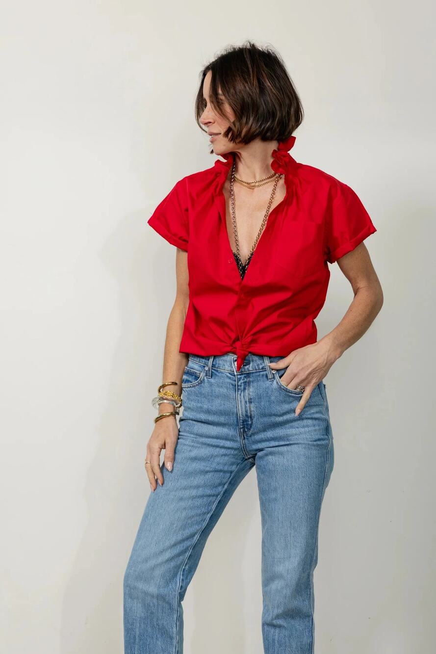 KMJ Red Blouse Quarantini New with Tags Size Medium Boyfriend Fit Made in USA
